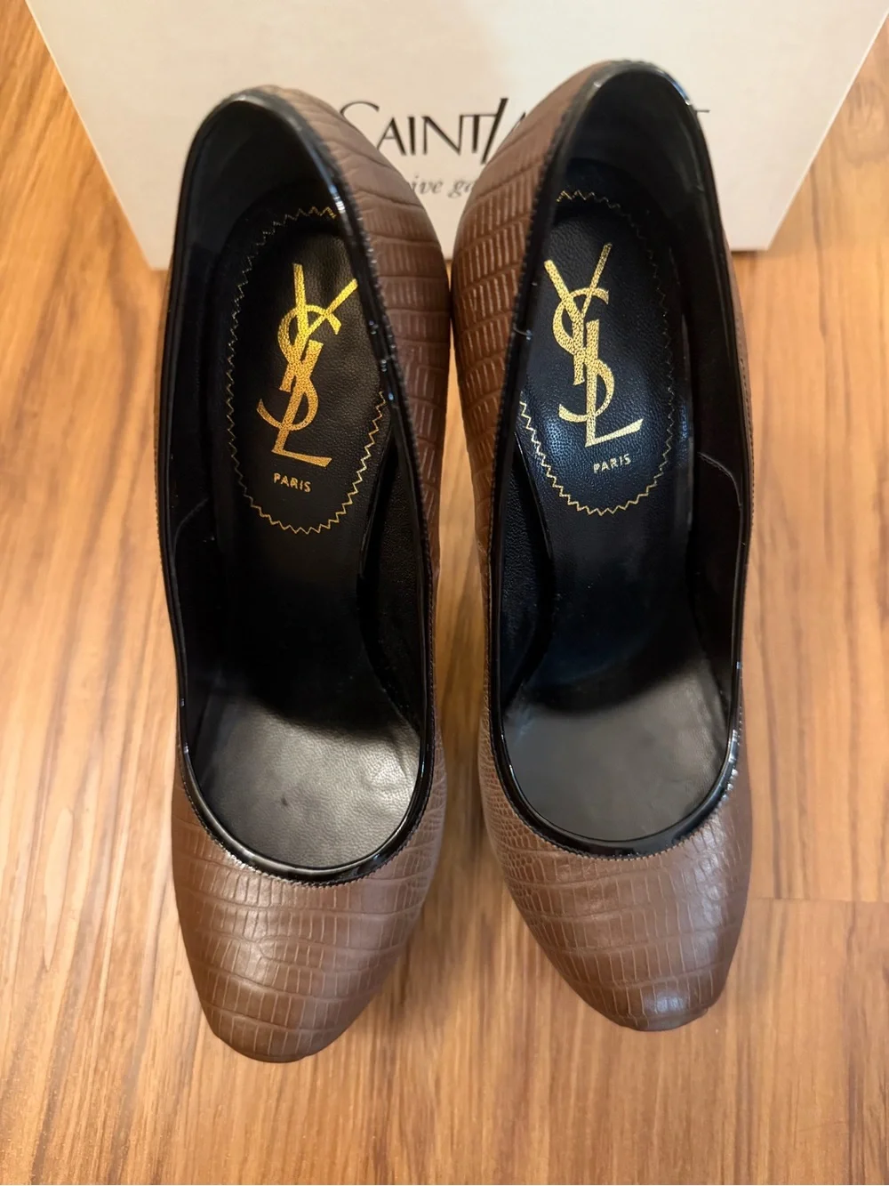 YSL Saint Laurent Brown Croc-Embossed Leather Platform Tribtoo Pumps 38 - Picture 2 of 10